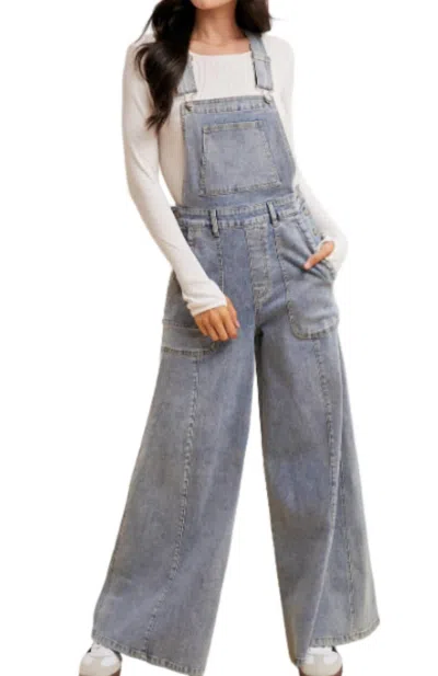 Anniewear Palazzo Leg Overall Jumpsuit In Washed Denim In Blue