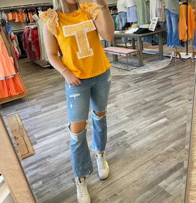 Anniewear Patched Ruffle Sleeve Top In Orange