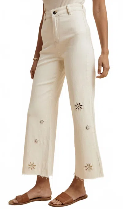Anniewear Stretch Eyelet Embroidery Detail Wide Leg Pants In Oatmeal In White
