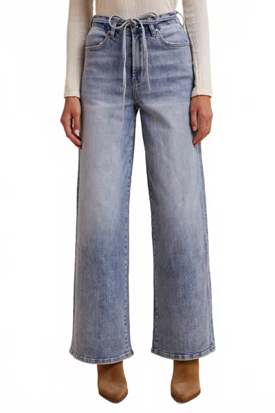 Anniewear Stretch High Rise Tie Waist Wide Leg Denim Pants In Medium Blue