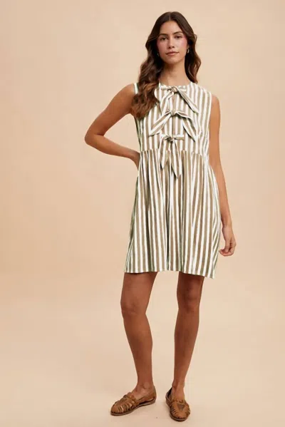 Anniewear Striped Dress With Front Bow In Beige In Multi
