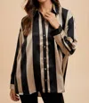 Anniewear Striped Dropped Shoulder Button Down Shirt In Black/khaki In Multi