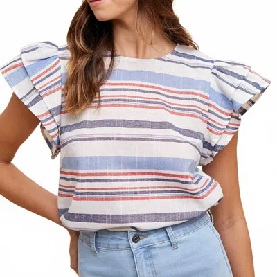 Anniewear Striped Ruffle Sleeve Top In Red White And Blue In Multi