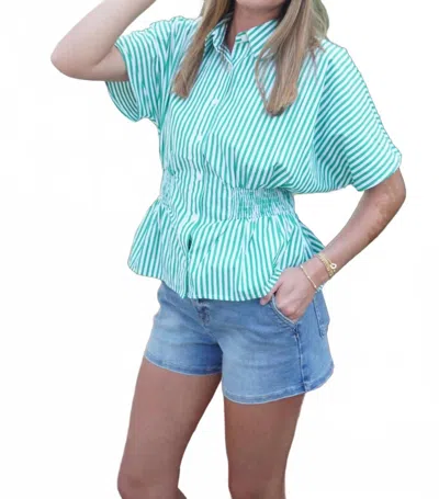 Anniewear Striped Smocked Peplum Top In Green/ White In Blue