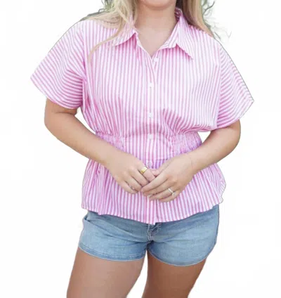 Anniewear Striped Smocked Waist Dolman Sleeve Top In Pink/ White