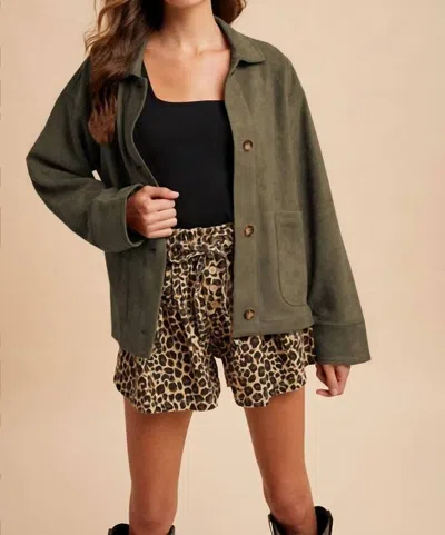 Anniewear Structured Collar & Cuffs Suede Jacket In Olive In Green