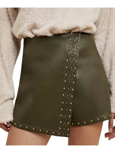 Anniewear Studded Stretched Faux Leather Wrap Skort In Olive In Green