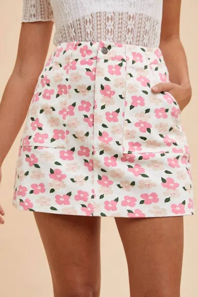 Anniewear The Floral Denim Mini Skirt In Pink In White