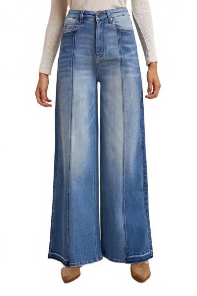 Anniewear Two-tone Fray Hem Wide-leg Stretch Denim Jeans In Medium Wash In Blue