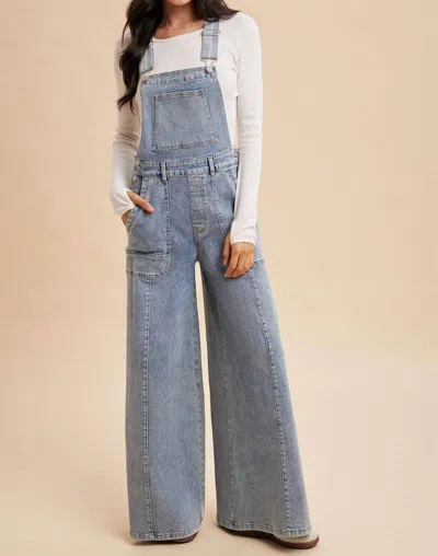 Anniewear Wide Leg Palazzo Denim Overalls In Medium Wash In Blue