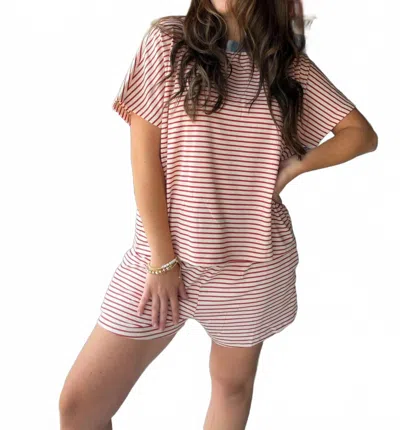 Anniewear Women's Striped Short Sleeve Loungewear Set In Brick & Dusty Blue In Purple