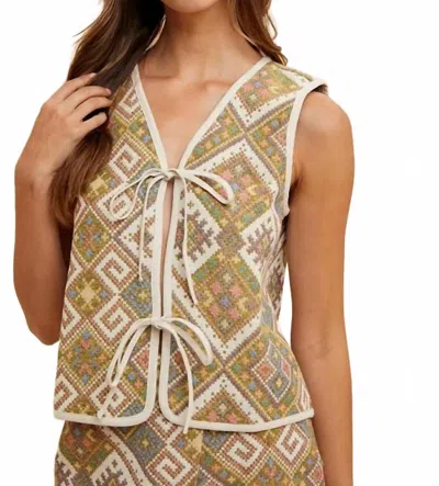 Anniewear Woven Jacquard Tie Front Vest In Multi In Green