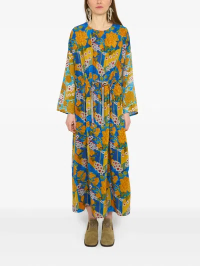 Anntian Floral-print Drawstring Midi Dress In Blue