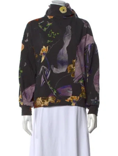 Pre-owned Anntian Floral Print Mock Neck Sweatshirt In Black