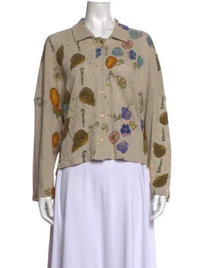 Pre-owned Anntian Hemp Floral Print Button-up Top In Neutrals