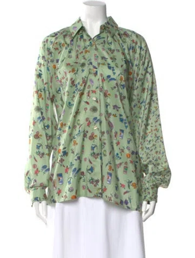 Pre-owned Anntian Silk Floral Print Blouse In Green
