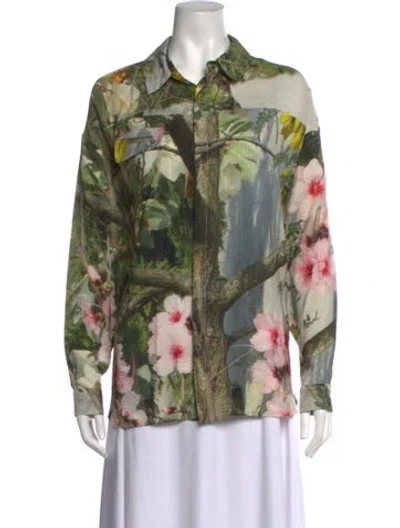 Pre-owned Anntian Silk Floral Print Button-up Top In Green