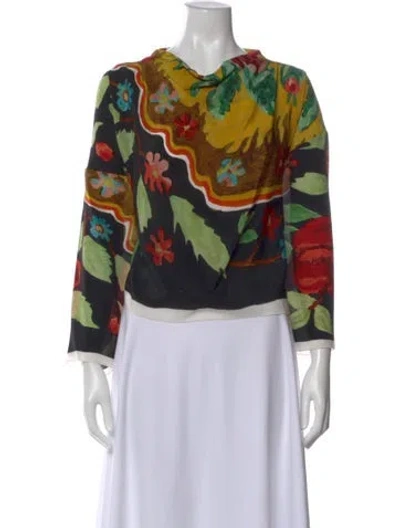 Pre-owned Anntian Silk Floral Print Top In Black