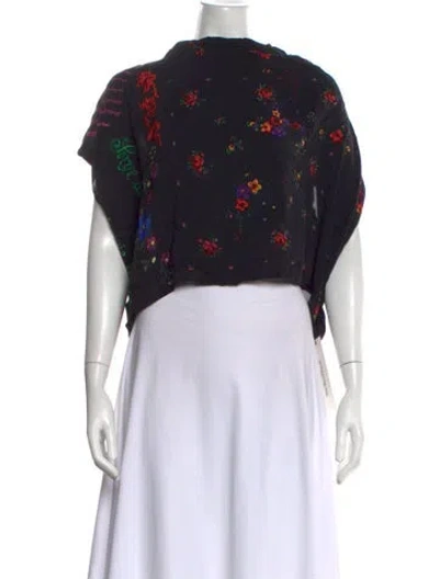 Pre-owned Anntian Silk Floral Print Top In Black