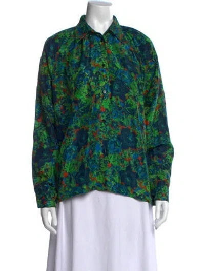 Pre-owned Anntian Silk Floral Print Top In Green