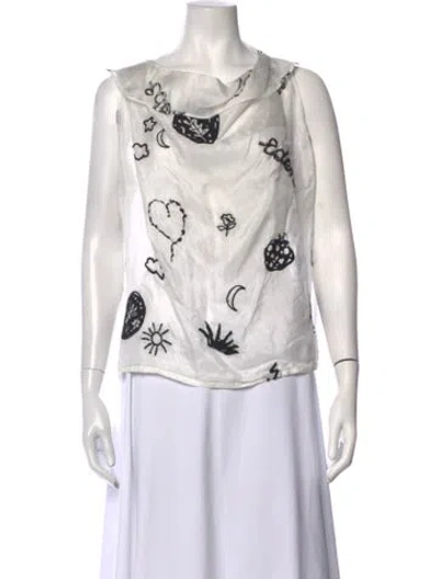 Pre-owned Anntian Silk Graphic Print Top In White