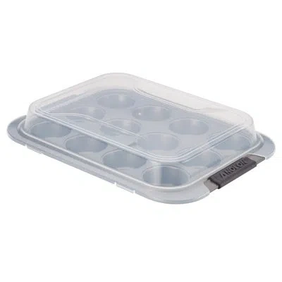 Anolon Advanced Bakeware Nonstick Muffin Pan With Lid, 12-cup, Graphite In Gray;clear
