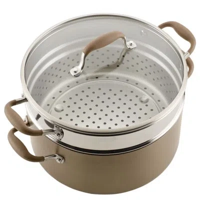 Anolon Advanced Home Hard Anodized Nonstick Wide Stockpot With Steamer Insert Set, 3-piece,  8.5-quart In Brown