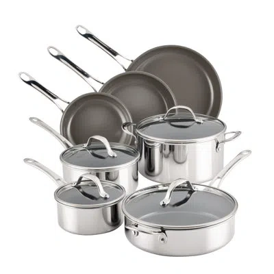Anolon Everlast Ceramic Nonstick Cookware Set Clad Induction Pots And Pans, 11 Piece, Stainless Steel In Silver