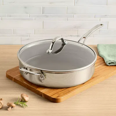 Anolon Everlast Stainless Steel Ceramic Nonstick Saute Pan With Lid, 5 Quart In Silver