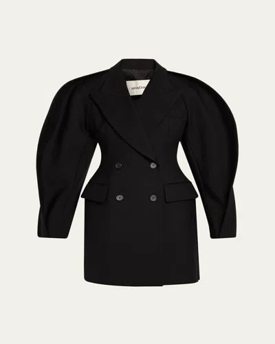 Anonlychild Kitts Ruched Balloon-sleeve Double-breasted Blazer In Black