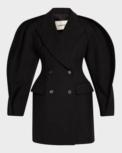 Anonlychild Kitts Ruched Balloon-sleeve Double-breasted Blazer In Black