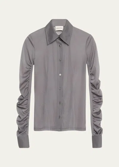 Anonlychild Luidas Semi-sheer Ruched Sleeve Shirt In Slate