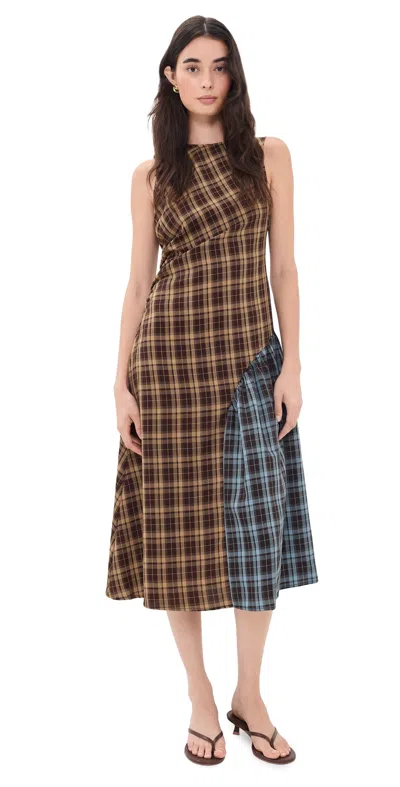 Another Girl Contrast Check Panel Midaxi Dress Brown/blue
