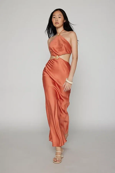 Another Girl Cutout Satin Halter Dress In Coral, Women's At Urban Outfitters