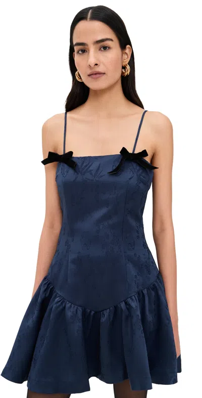 Another Girl Jaquard Mini Dress With Velvet Bows Navy In Blue