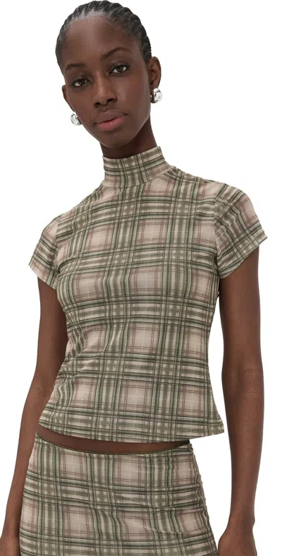 Another Girl Plaid Mesh High Neck Top Green