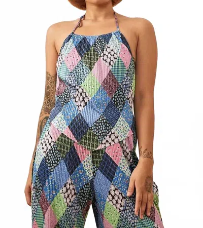 Another Girl Plisse Halter Top In Patchwork Print In Multi