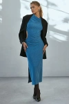 Another Girl Textured Knit Drape Mockneck Midi Dress In Blue, Women's At Urban Outfitters In Blue