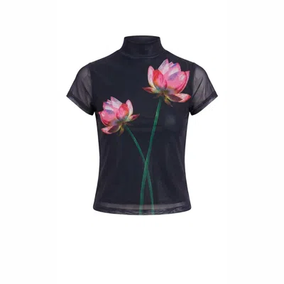 Another Girl Women's Black Digital Print Flower Mesh Top