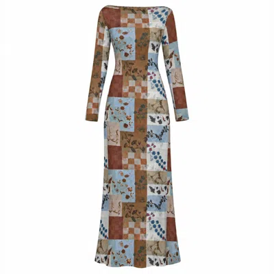 Another Girl Women's Blue & Brown Patchwork Mesh Boat Neck Maxi Dress In Multi