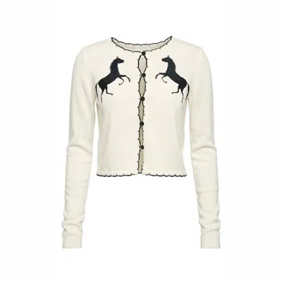 Another Girl Women's White Cream Horse Embroidered Knit Cardigan