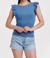 Another Love Akiko Ruffle Sleeve Boat Neck Ribbed Top In Stormy Blue