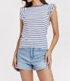 Another Love Akiko Ruffle Sleeve Striped Boat Neck Ribbed Top In Navy/white In Multi