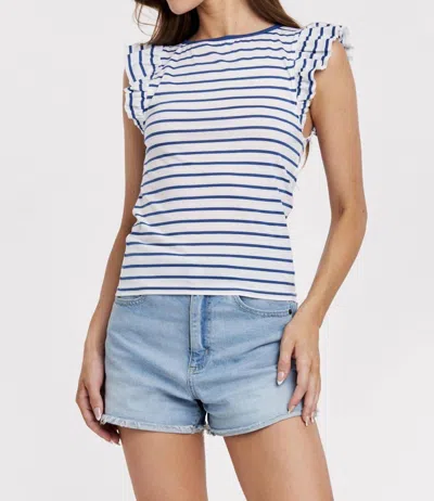 Another Love Akiko Ruffle Sleeve Striped Boat Neck Ribbed Top In Navy/white In Blue