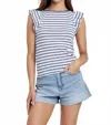 Another Love Akiko Ruffle Sleeve Striped Boat Neck Ribbed Top In Navy/white In Multi