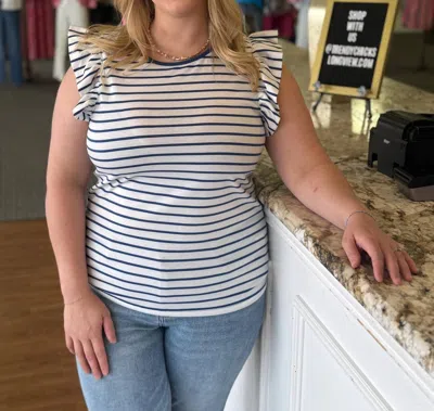 Another Love Harbor Stripe Ruffle Sleeve Top In Navy/ivory In White