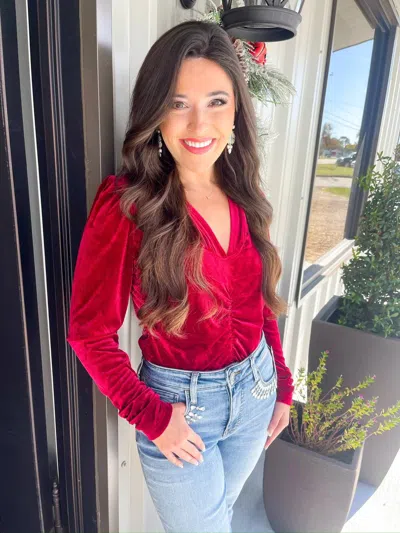 Another Love Sadelle Shirred Seam Top In Cranberry Velvet In Red