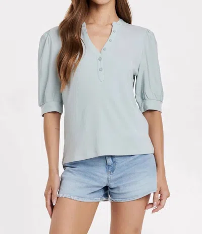 Another Love Tanner Puff Sleeve Henley Top In Aquamarine In Gray