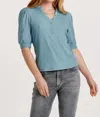 Another Love Tanner Puff Sleeve Henley Top In Slate Blue In Blue