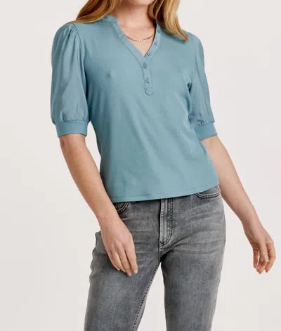 Another Love Tanner Puff Sleeve Henley Top In Slate Blue